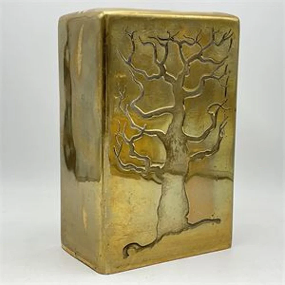 Vintage Sarreid Ltd Brass Tree of Life Vase Sand Cast Made in Italy Brutalist